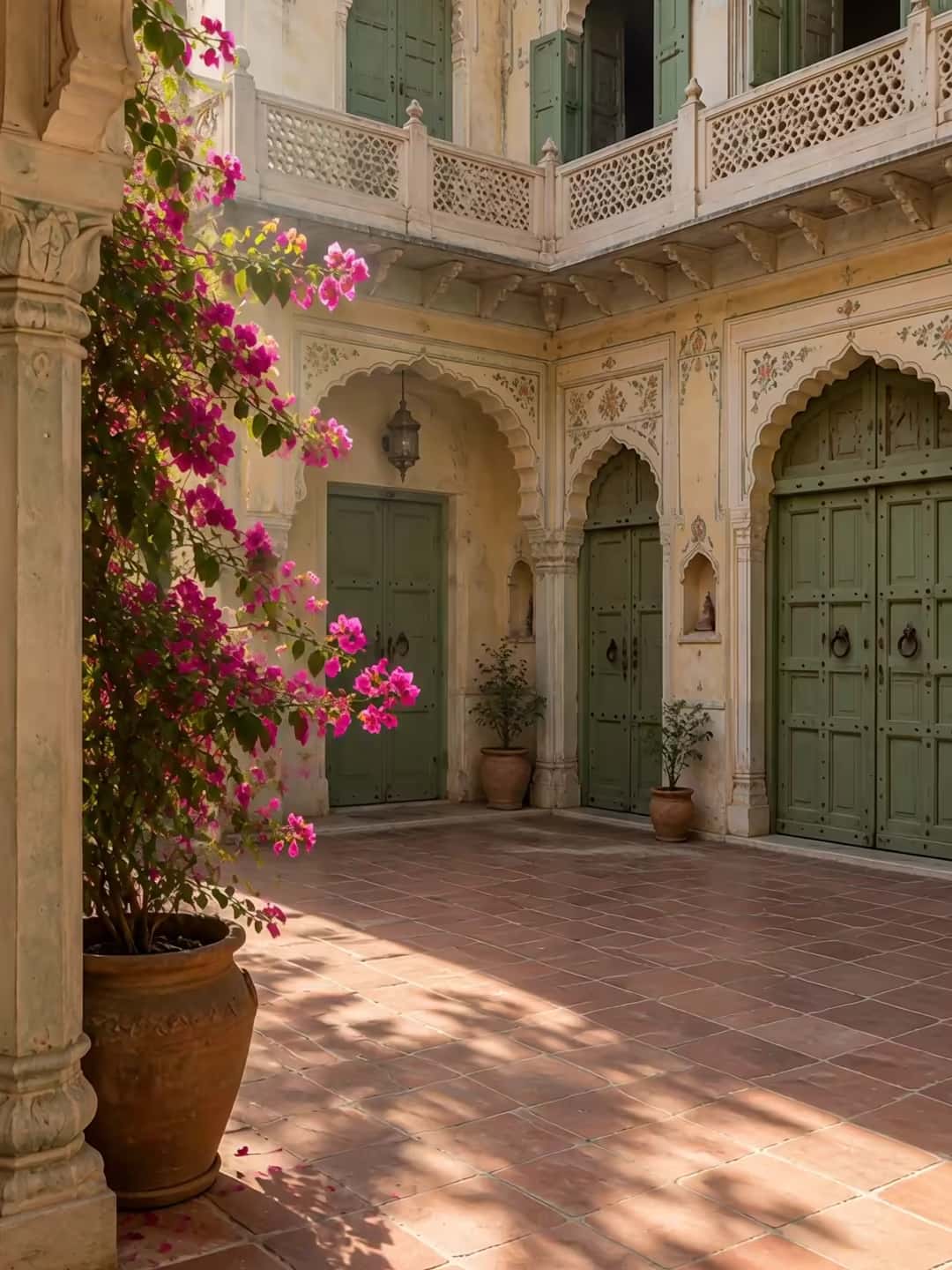 Sunlit courtyard bedroom with a hand block printed cotton bedsheet